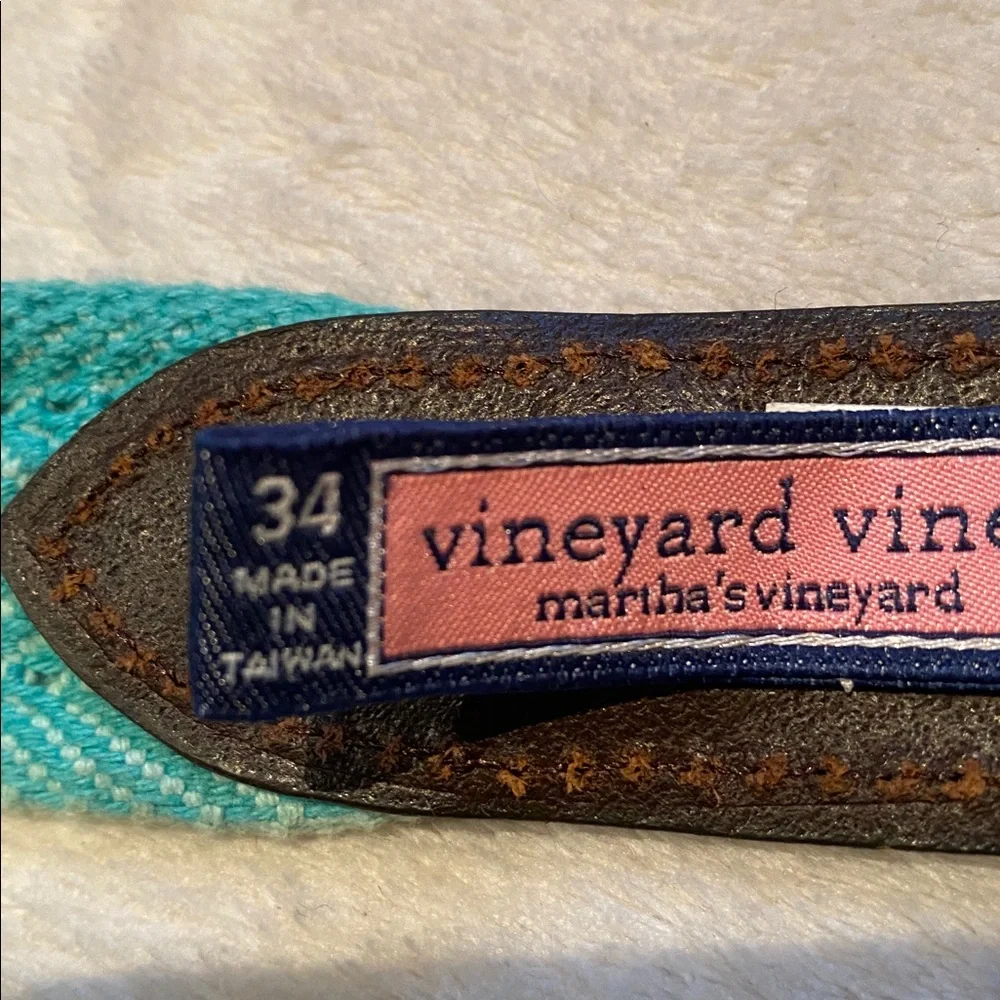 Vineyards Vines mint green woven belt with dark brown leather and brass buckle